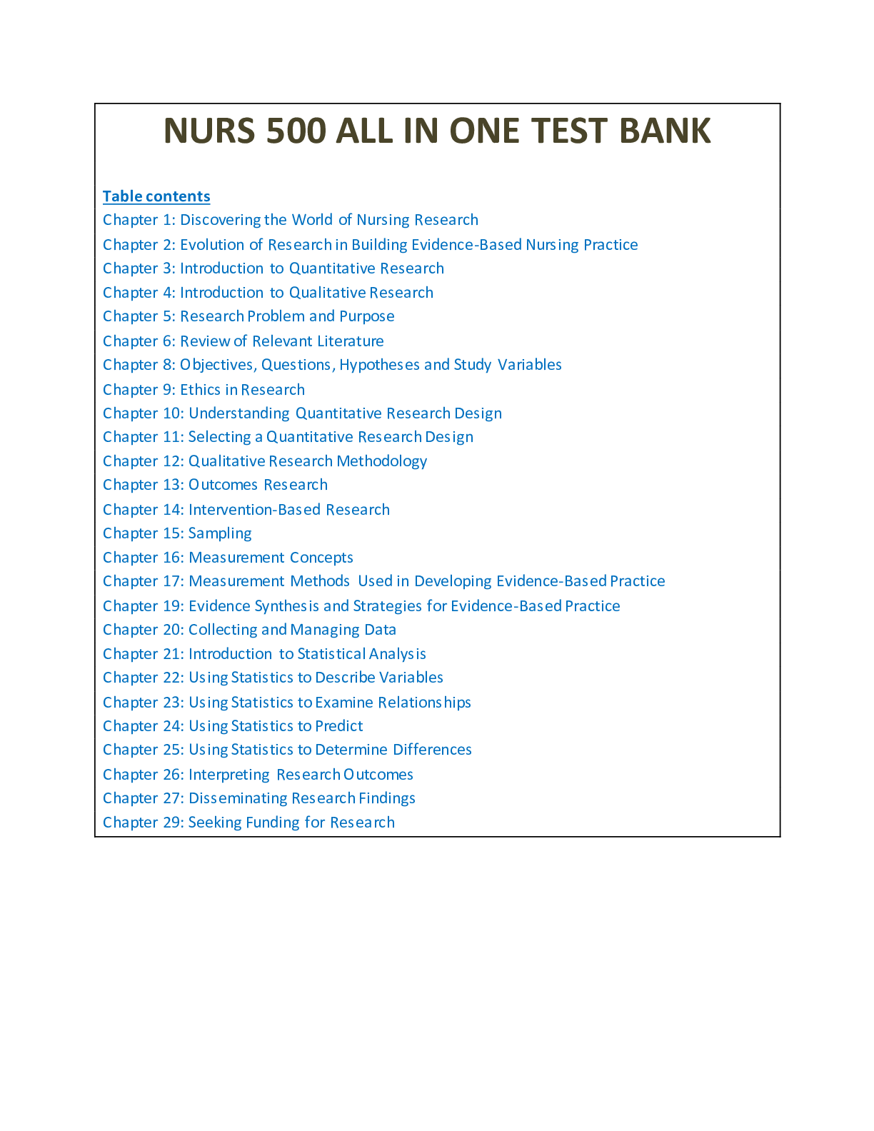 Preview of NURS 500 ALL IN ONE TEST BANK  Best Study Guide (Pass with Grade A+)